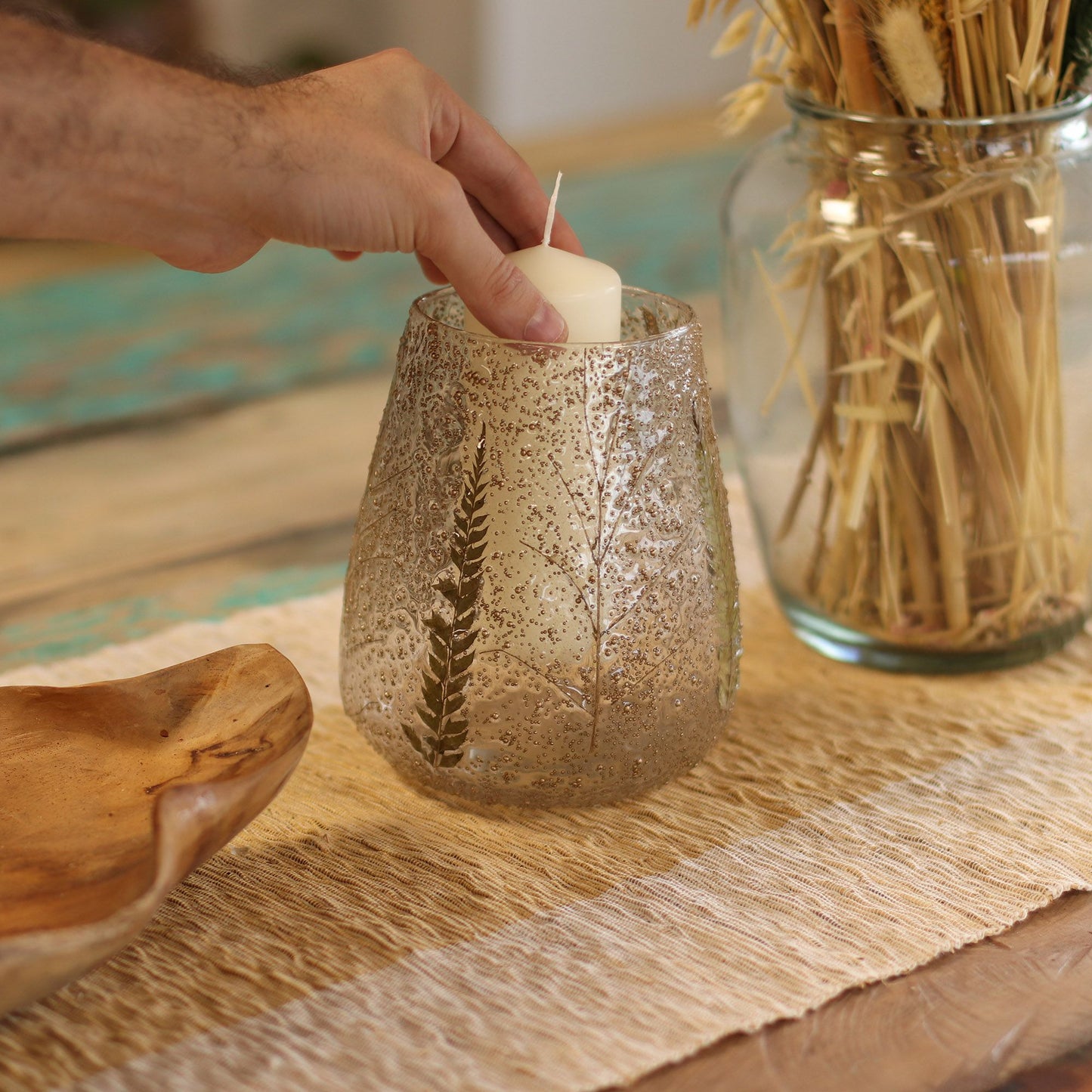 Kerzenhalter aus natürlichem Blumenglas – große Schale – Kiefer (15 x 12 cm)