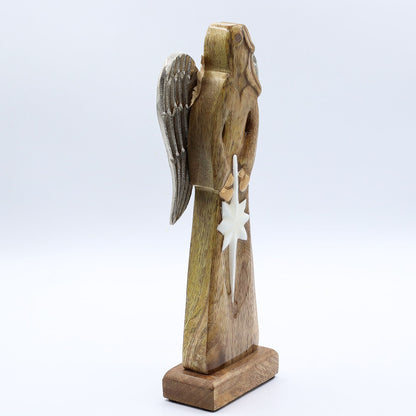 Ángel de la Paz grande de madera de mango con alas de metal y detalles esmaltados - 30 cm