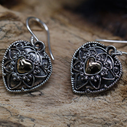 Pendientes Plata y Oro Corazones Mandala