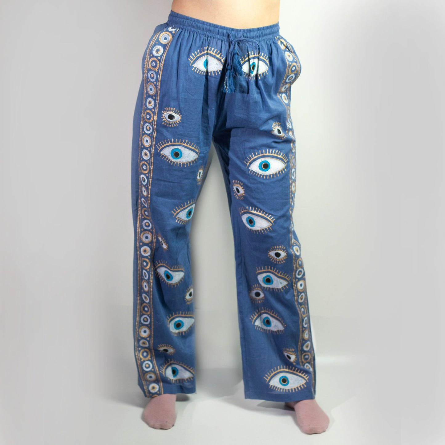 (LXL) Collection Nomad Sari méditerranéen - Pantalon - Motif mauvais œil en bleu riche et or