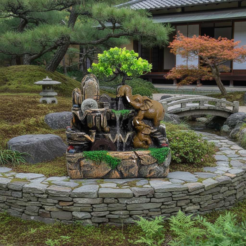 Fuente decorativa de mesa con elefantes enamorados, bola de cristal, luz y molino de agua (30x20x35cm)