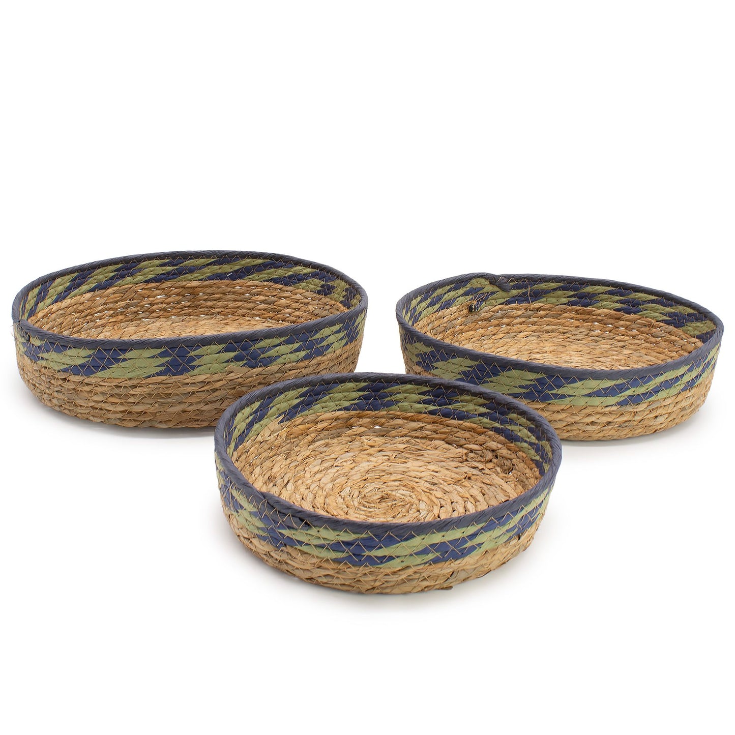 Körbe-Tabletts aus Stroh und Seegras – Natur, Grün und Blau – 3er-Set