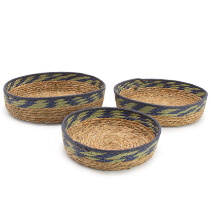 Körbe-Tabletts aus Stroh und Seegras – Natur, Grün und Blau – 3er-Set