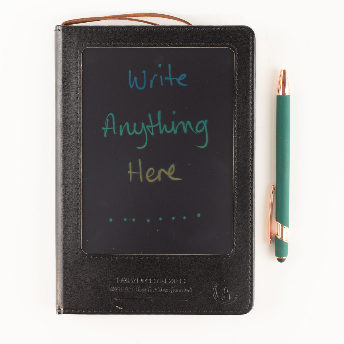 Cuaderno de intenciones tamaño A5 - Pantalla LCD que se limpia - Efecto cuero negro - 80 hojas