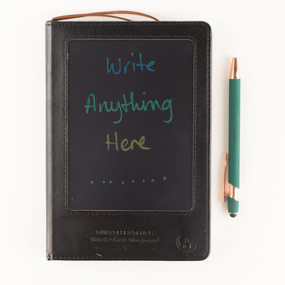Cuaderno de intenciones tamaño A5 - Pantalla LCD que se limpia - Efecto cuero negro - 80 hojas