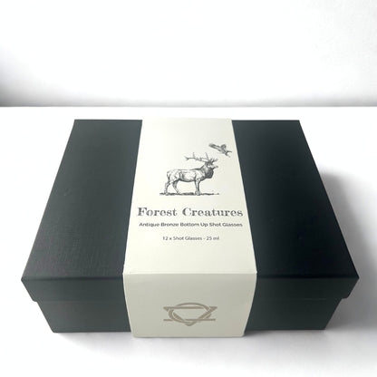 Coffret cadeau de 12 verres à liqueur Bottom Up (25 ml) - Forêt et créatures mystiques - Bronze antique