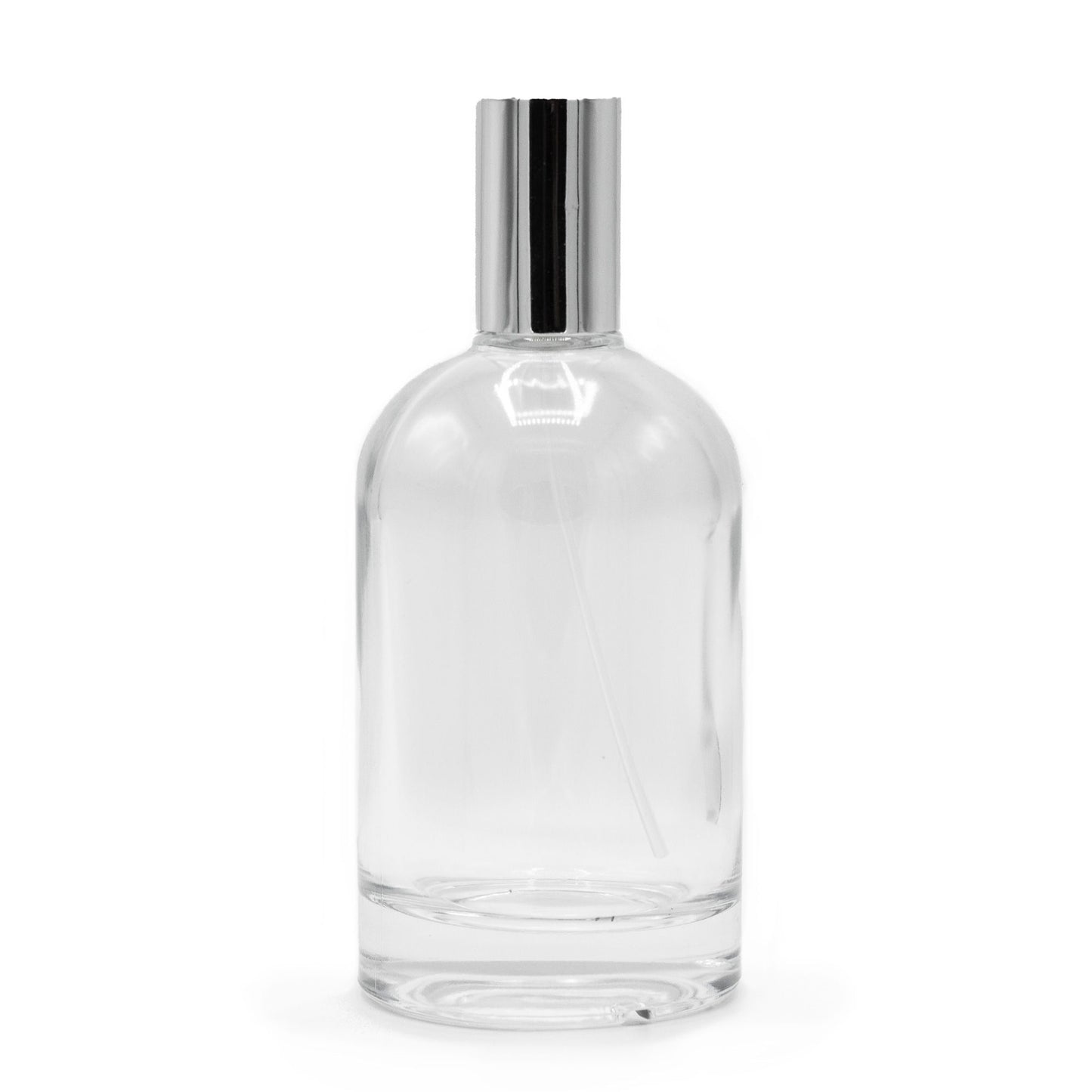 Flacon rond épais de 100 ml, spray et bouchon argentés
