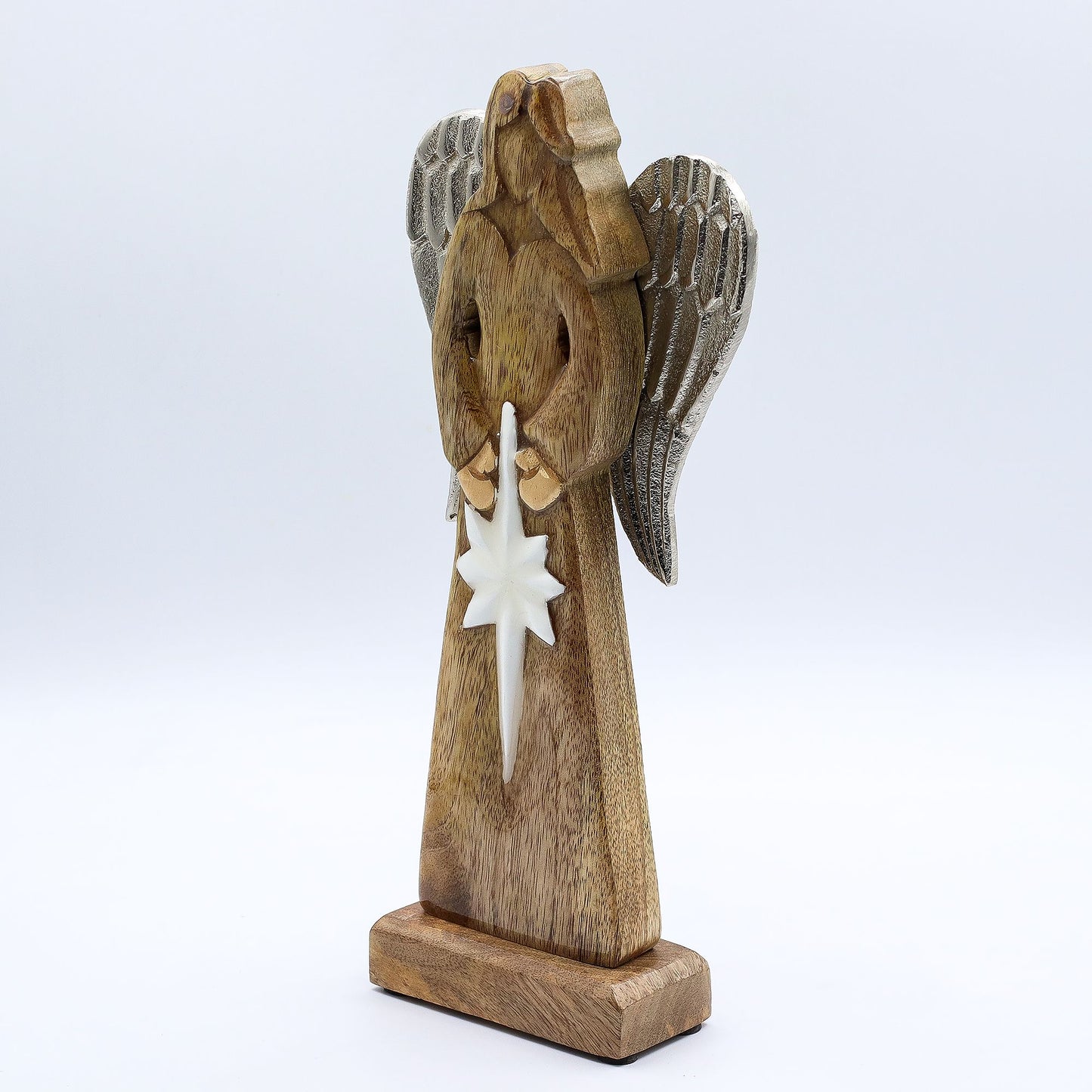 Ángel de la Paz grande de madera de mango con alas de metal y detalles esmaltados - 30 cm