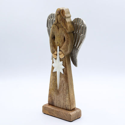 Ángel de la Paz grande de madera de mango con alas de metal y detalles esmaltados - 30 cm