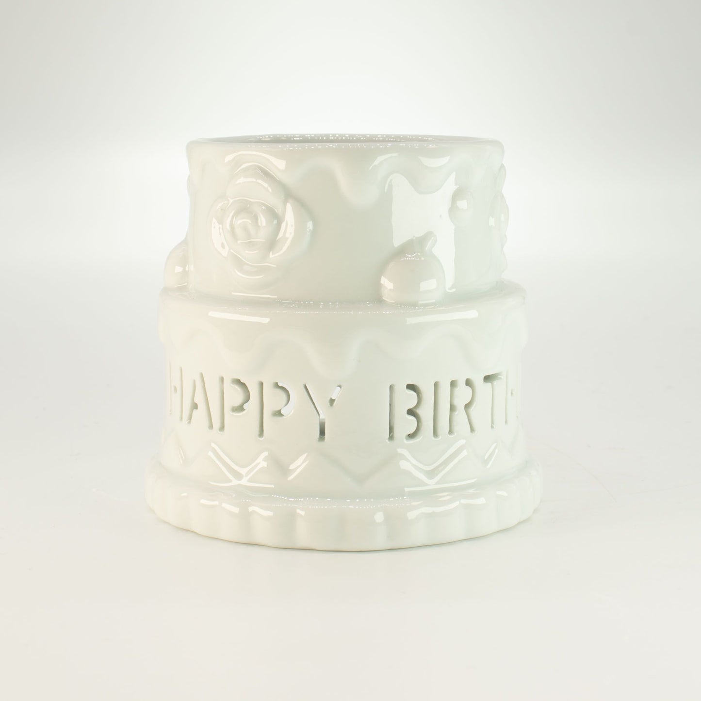 Quemador de aceite en forma de pastel de cerámica - FELIZ CUMPLEAÑOS - Blanco