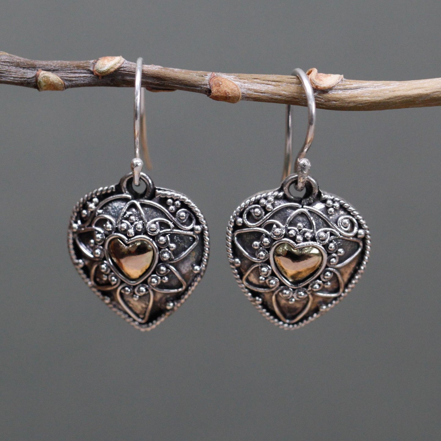 Pendientes Plata y Oro Corazones Mandala