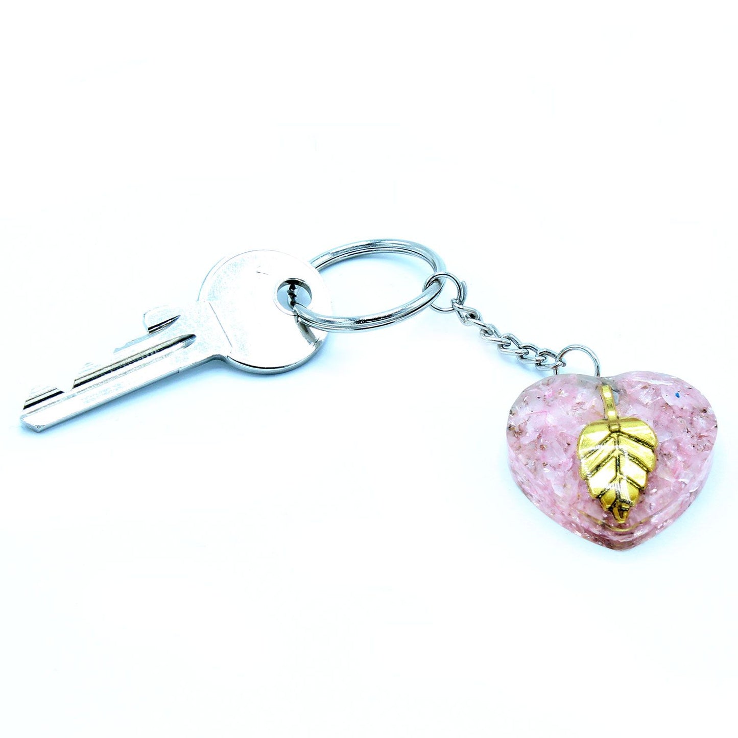 Porte-clés Power Orgonite - Cœurs en quartz rose et feuille d'or