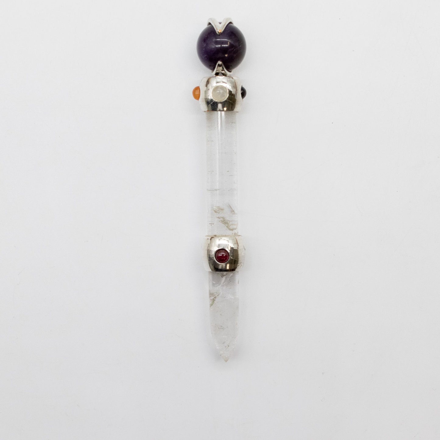 Axis of Grace Wand - Amethyst & Rose Quartz Spheres, Quartz Stem - 12cm