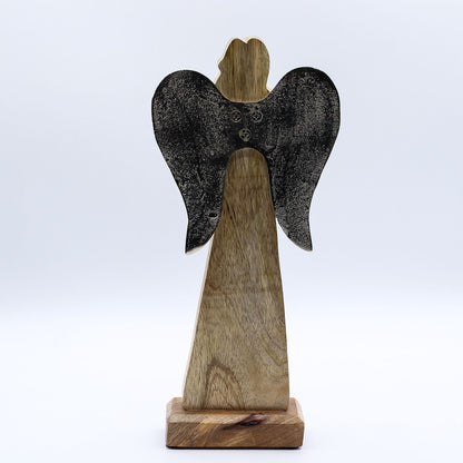 Ángel de la Paz grande de madera de mango con alas de metal y detalles esmaltados - 30 cm