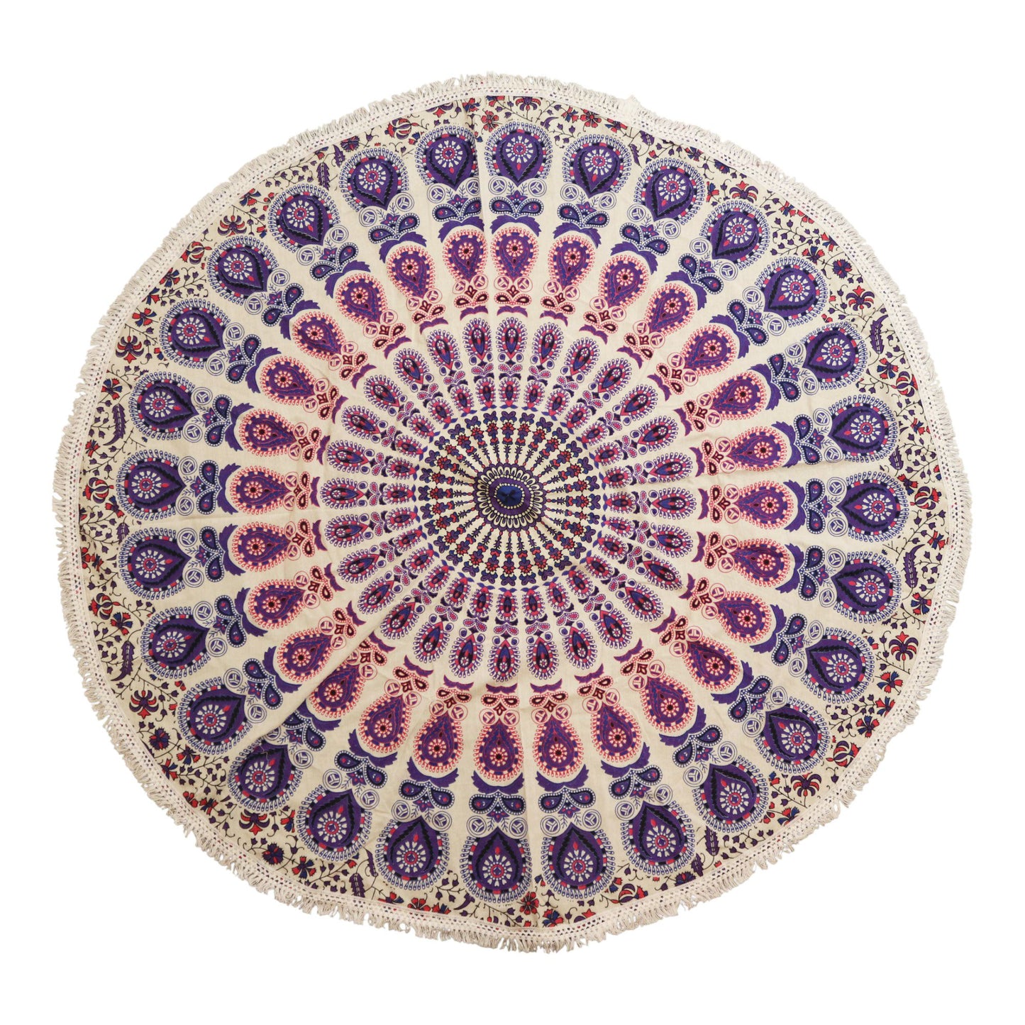Kleines rundes Baumwoll-Mandala (130 cm) – Pfauenlila