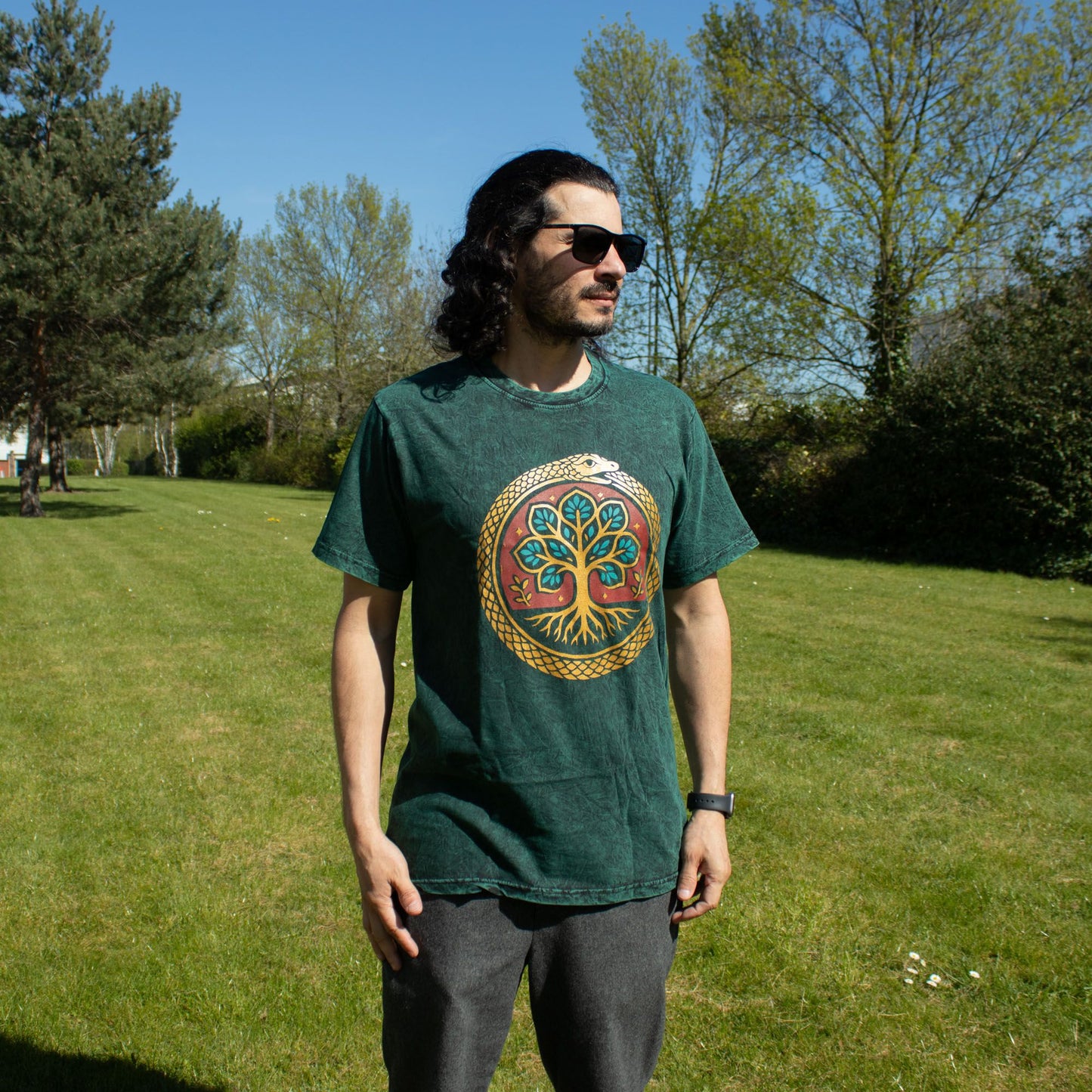Nomad Sari Camiseta de algodón lavado a piedra - Árbol de la Vida - Verde - Pequeño