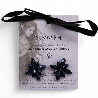 Noir de jais - Verre antique - Fleurs - Boucles d'oreilles