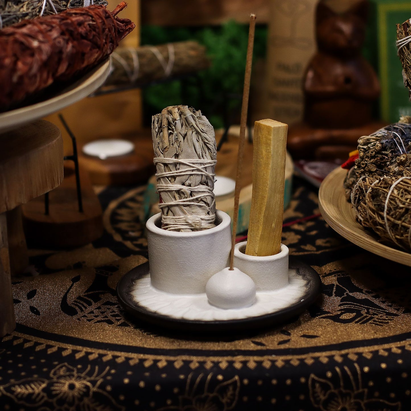 Palo Santo Zauberstab und Räucherhalter - Mandala - Weiß und Grau