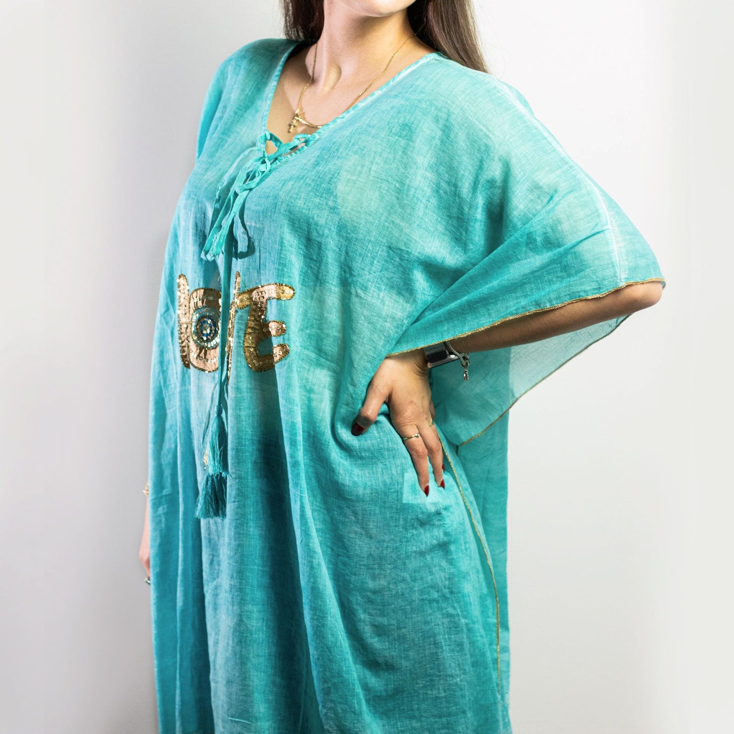 Collection Nomad : sari méditerranéen – caftan – motif cœur turquoise et or