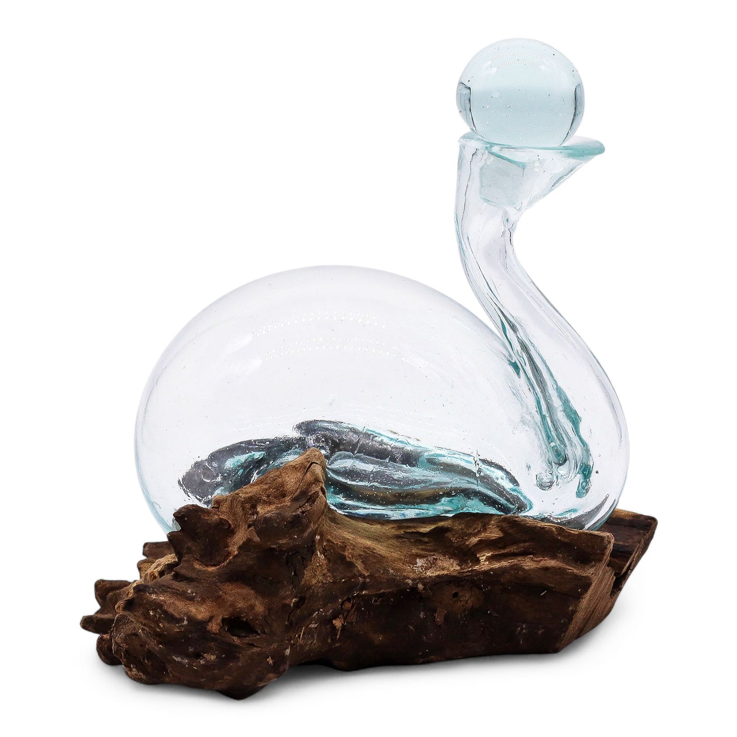 Carafe en forme de canard en verre fondu sur un socle en bois avec un bouchon de 19 cm