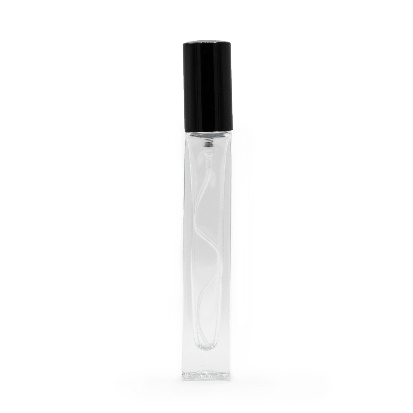 Flacon carré haut et fin de 10 ml, vaporisateur et bouchon noirs