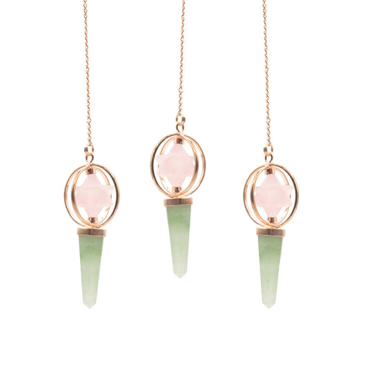 Brújula del Corazón - Estrella Merkaba giratoria de dos piezas en péndulo de cobre - cuarzo rosa y aventurina verde