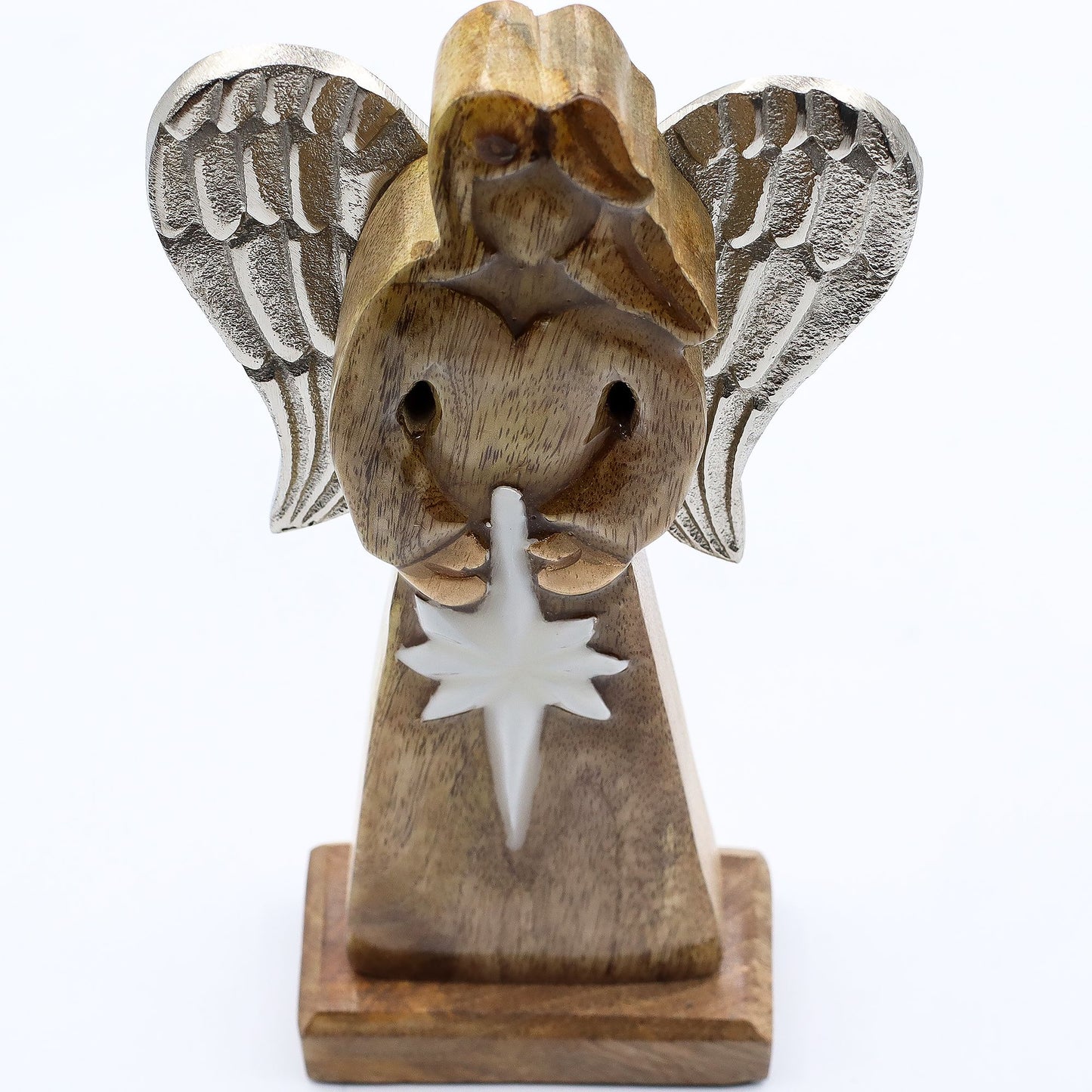 Ángel de la Paz grande de madera de mango con alas de metal y detalles esmaltados - 30 cm