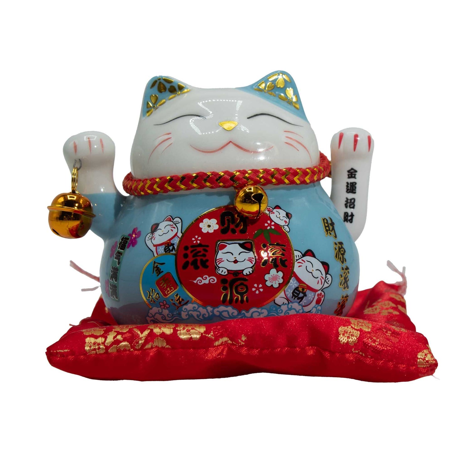 Chat porte-bonheur en céramique avec bras articulé - Bleu sur coussin