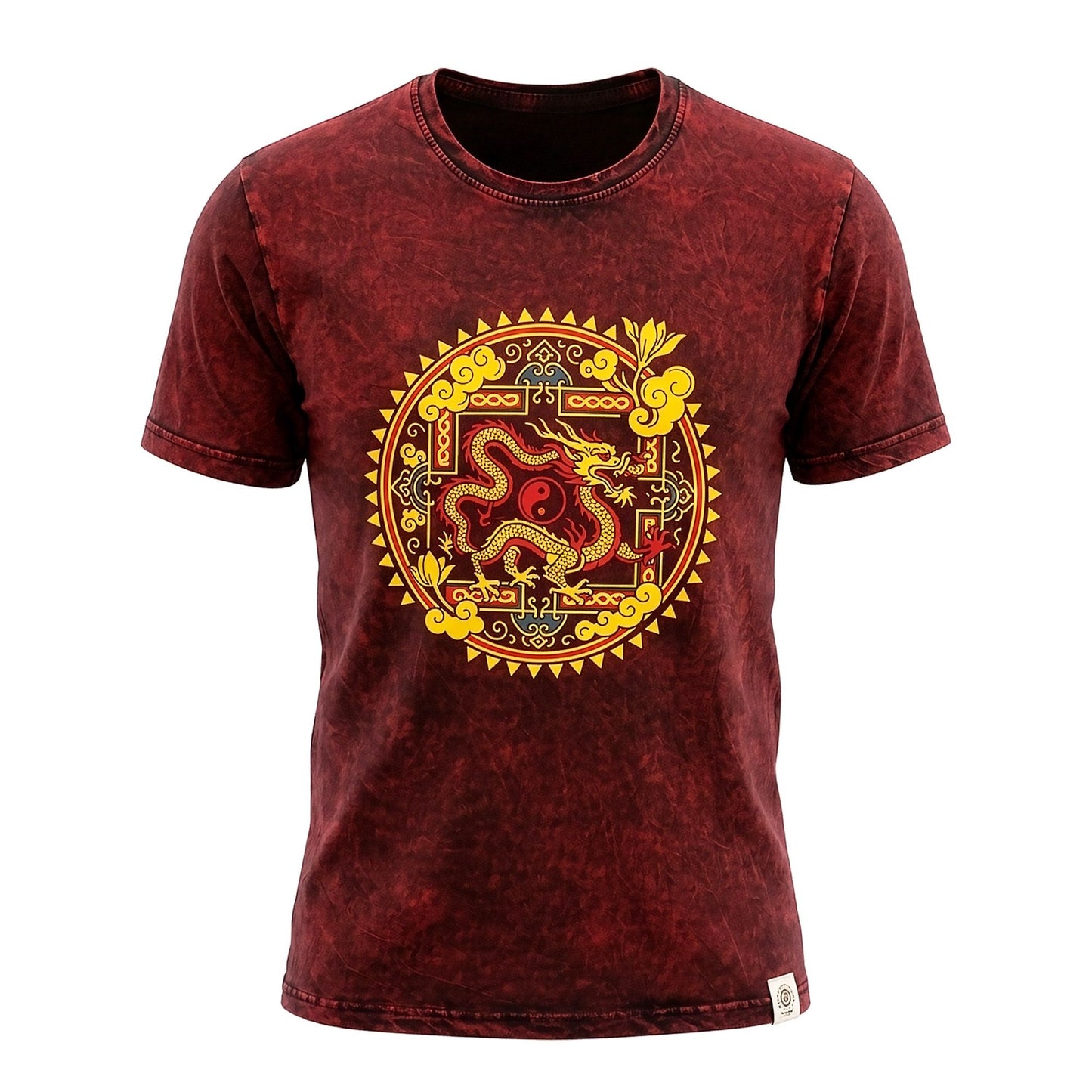Nomad Sari Camiseta de algodón lavado a piedra - Mandala de Dragón - Granate - Mediano