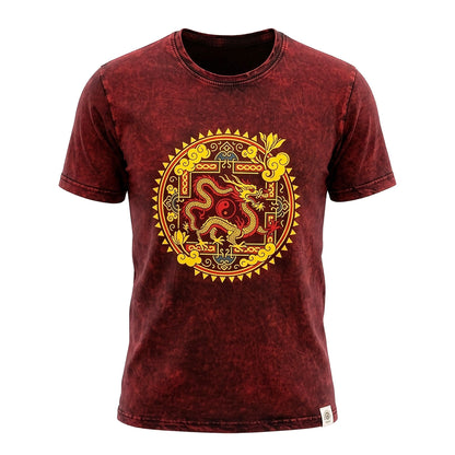 Nomad Sari Camiseta de algodón lavado a piedra - Mandala de Dragón - Granate - Mediano