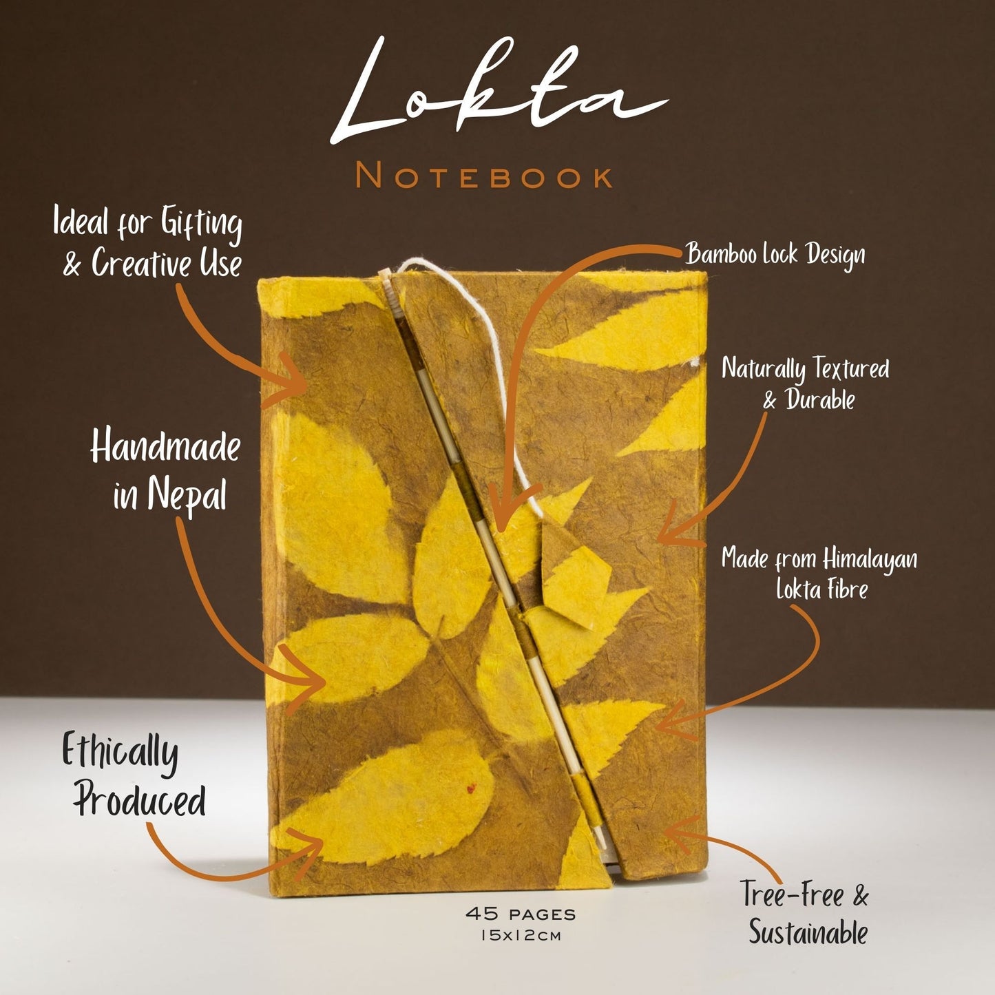 Carnet Lokta floral audacieux bambou avec fermeture – moyen (15x12 cm) – 45 feuilles – marron moutarde