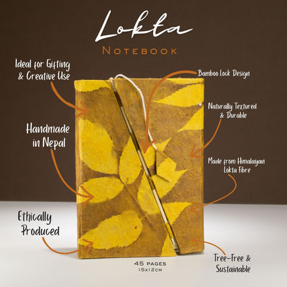 Carnet Lokta floral audacieux bambou avec fermeture – moyen (15x12 cm) – 45 feuilles – marron moutarde