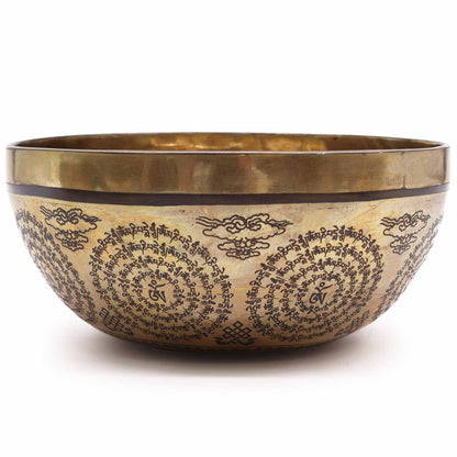 Bol chantant tibétain gravé de guérison - 21 cm - Om et Bouddha