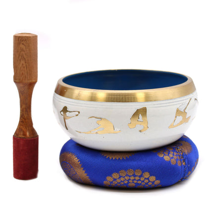 Grand ensemble de bols chantants tibétains - Mouvement yoga - Blanc/bleu 14 cm