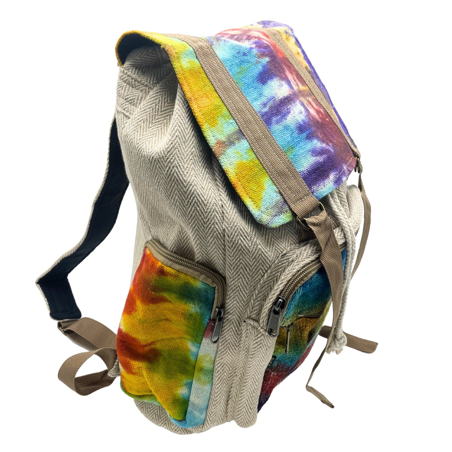Großer quadratischer Rucksack aus Hanf mit Batikmuster