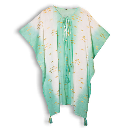 Collection Nomad : sari méditerranéen - caftan - Motif poisson blanc, turquoise et or