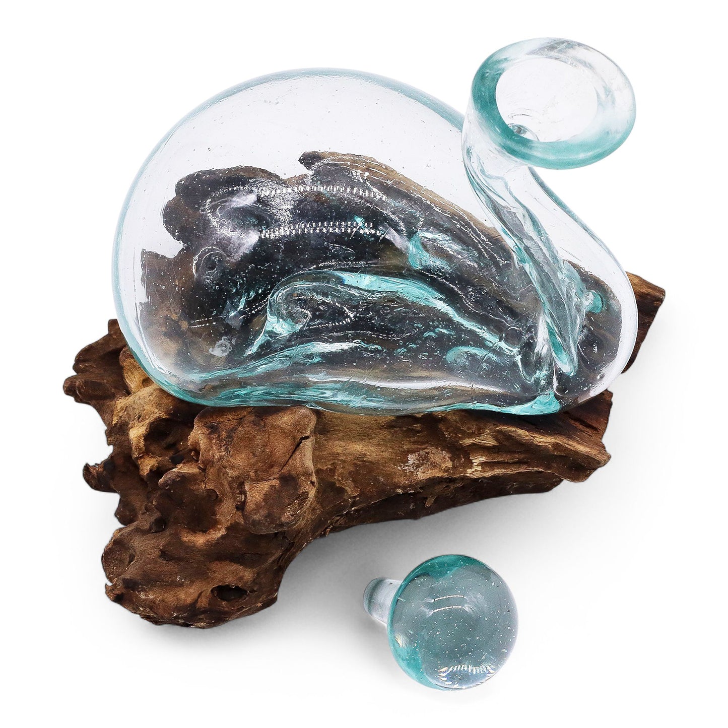 Carafe en forme de canard en verre fondu sur un socle en bois avec un bouchon de 19 cm