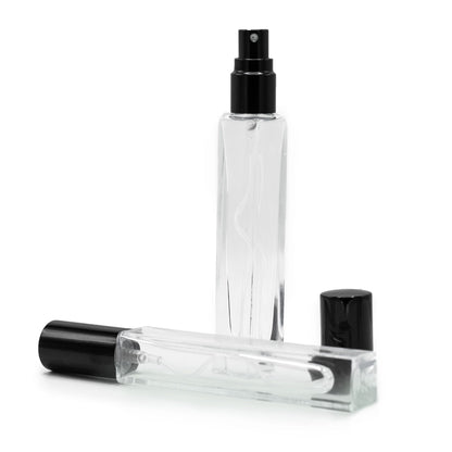 Flacon carré haut et fin de 10 ml, vaporisateur et bouchon noirs