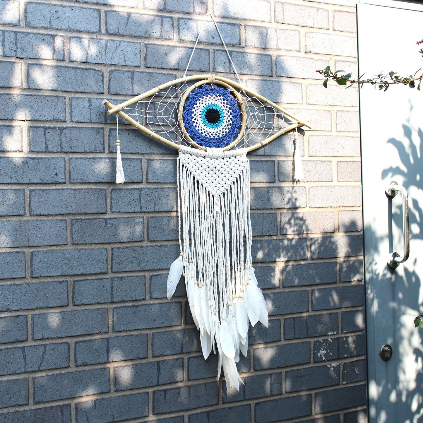 Atrapasueños - Lrg Macramé Ojo Blanco / Gris / Marrón