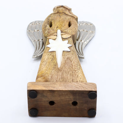 Ángel de la Paz grande de madera de mango con alas de metal y detalles esmaltados - 30 cm