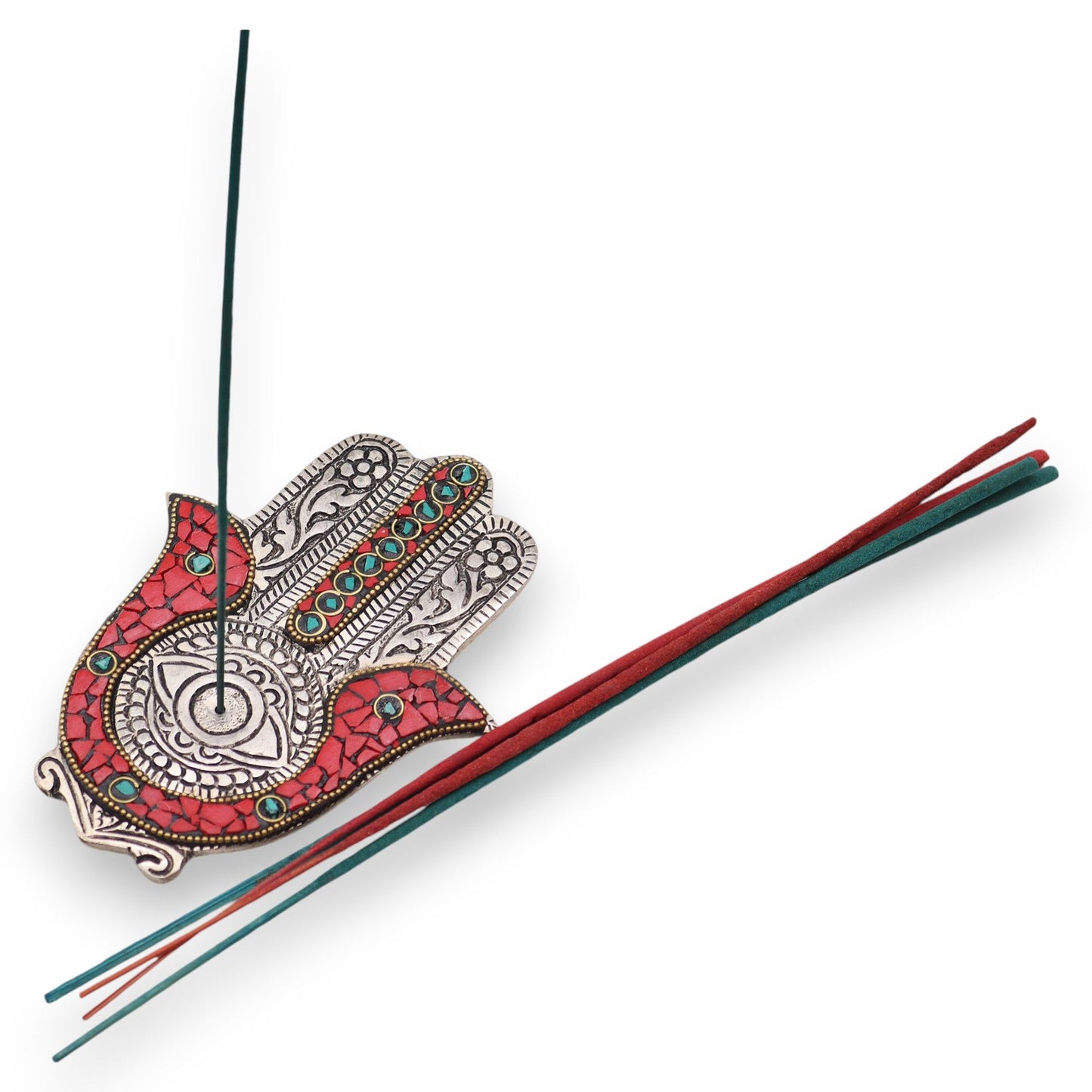 Petit porte-encens Hamsa rouge et vert 13 x 5,5 cm
