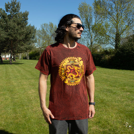 Nomad Sari T-Shirt aus gewaschener Baumwolle – Drachenmandala – Granatrot – Medium