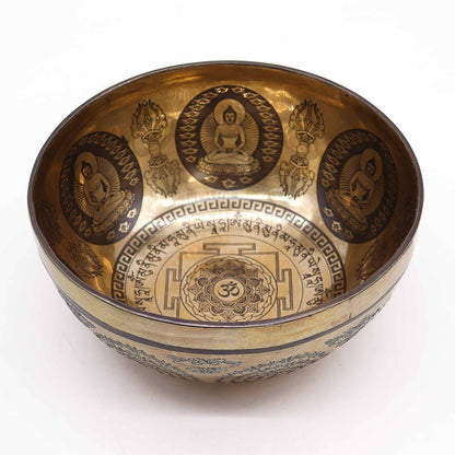 Bol chantant tibétain gravé de guérison - 21 cm - Om et Bouddha
