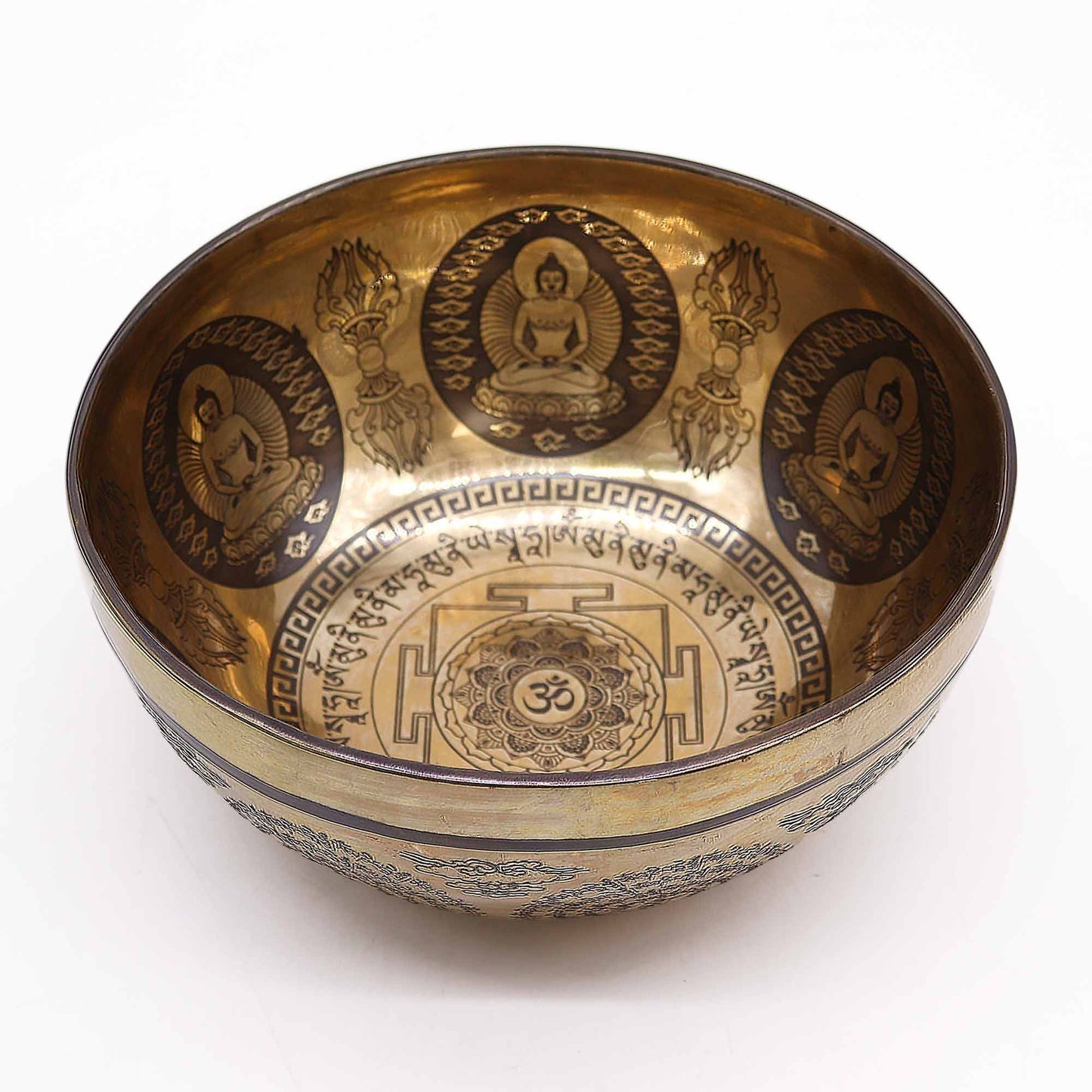 Bol chantant tibétain gravé de guérison - 21 cm - Om et Bouddha