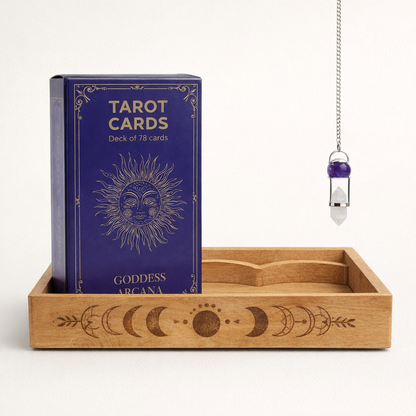 Kit de Tarot para Principiantes – Baraja, Bandeja Lunar y Péndulo