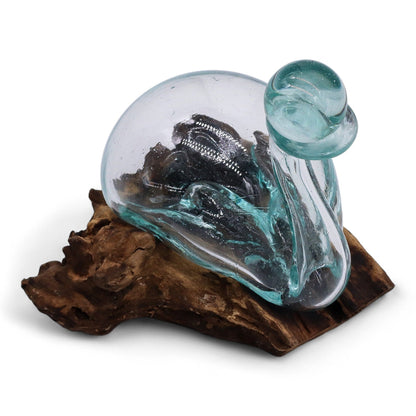 Carafe en forme de canard en verre fondu sur un socle en bois avec un bouchon de 19 cm