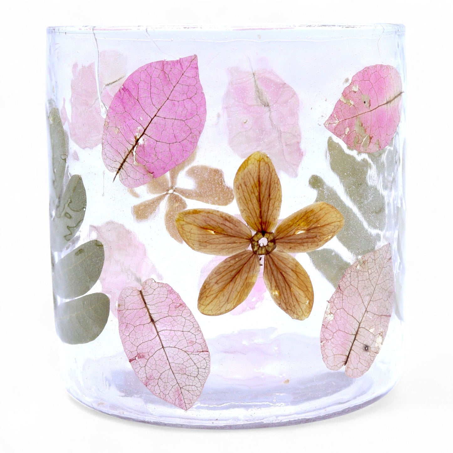 Bougeoir droit en verre avec fleurs naturelles - Printemps - (8x8cm)