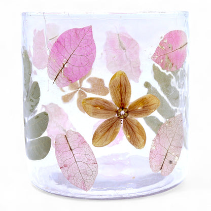 Bougeoir droit en verre avec fleurs naturelles - Printemps - (8x8cm)