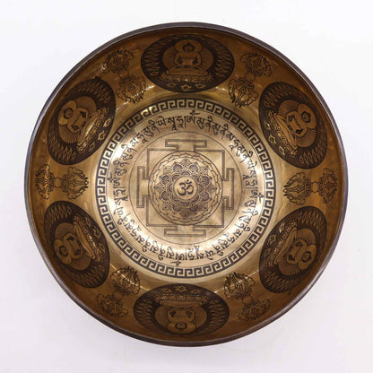 Bol chantant tibétain gravé de guérison - 21 cm - Om et Bouddha