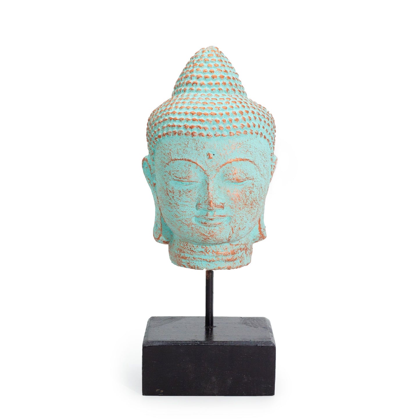 Buddhakopf liegend auf Ständer - Grünes Kupfer